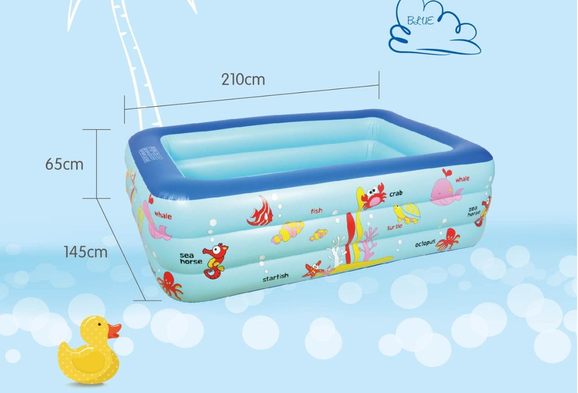 庭やベランダで水あそびが広がる PVCインフレータブル ベビーパドリングプール 210 x 145 x 65cm（ブルー・グリーン）4kg