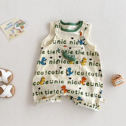 夏のおしゃれが一枚で完成する 赤ちゃんベスト&サロペット上下2点セット 恐竜カートゥーン総柄プリント コットン 73~100cm