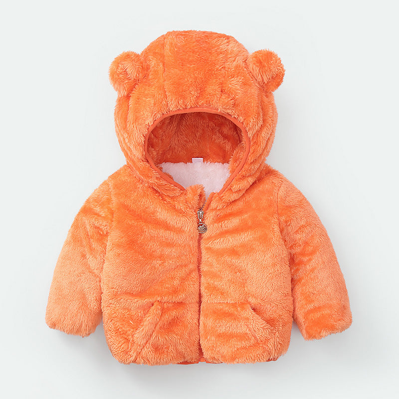kids fuzzy ear hooded jacket orange color front view on hanger
