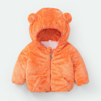 kids fuzzy ear hooded jacket orange color front view on hanger
