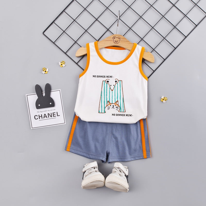 涼しく動きやすい 子どもノースリーブ上下セット 猫とねずみカートゥーンプリント ショートパンツ コットン95% 80~110cm