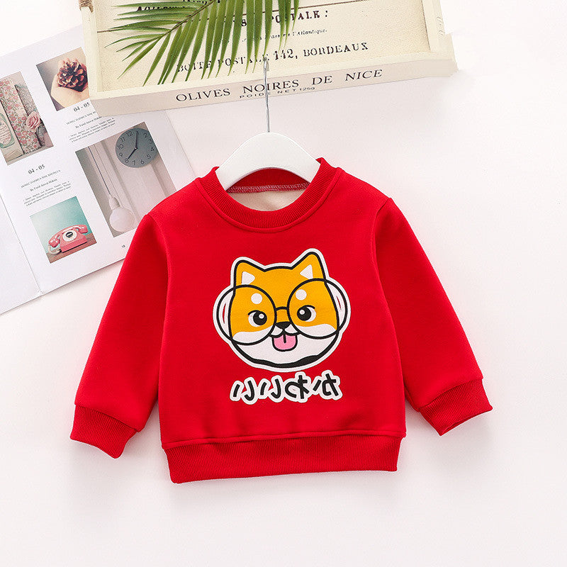 子犬プリントが描かれたふんわり裏起毛の長袖キッズトップス
