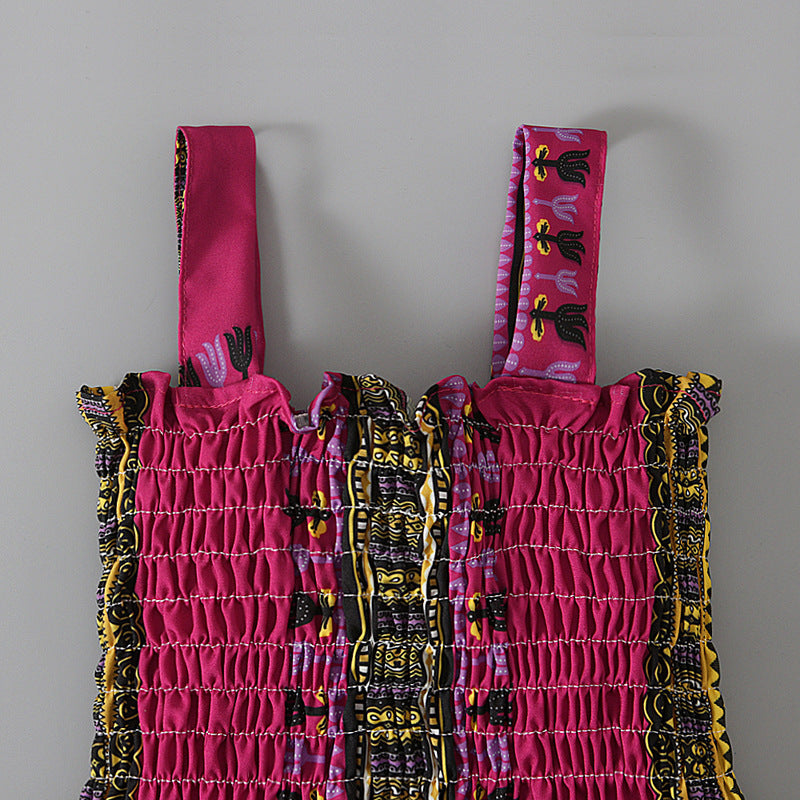 ぱっと華やぐカラフル柄でおしゃれ見えする 女の子ジャンパースカート ボヘミアンプリント シャーリングデザイン ポリエステル70% 90~130cm