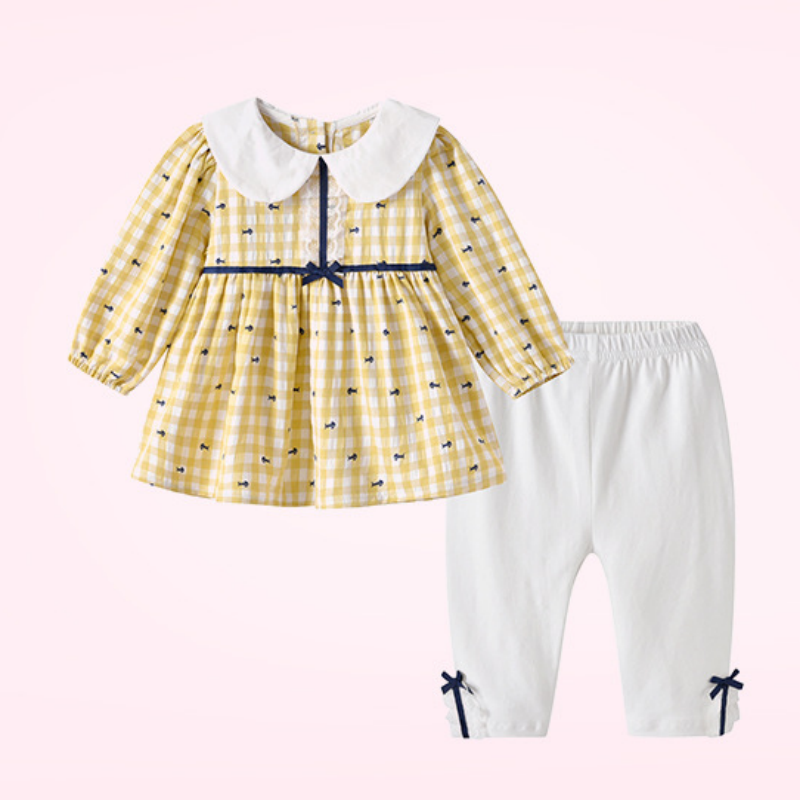 きちんと可愛いおでかけが叶う 女の子襟付きブラウス＆ロングパンツ2点セット イエローギンガムチェックリボンデザイン コットン 66~110cm