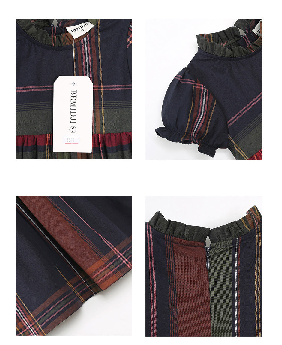 通気性のよいレトロチェックが上品な 女の子プリンセスワンピース ダークブルー コットン 80~120cm