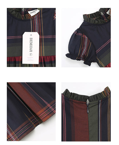 通気性のよいレトロチェックが上品な 女の子プリンセスワンピース ダークブルー コットン 80~120cm