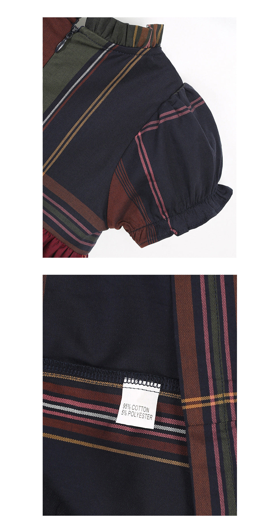 通気性のよいレトロチェックが上品な 女の子プリンセスワンピース ダークブルー コットン 80~120cm