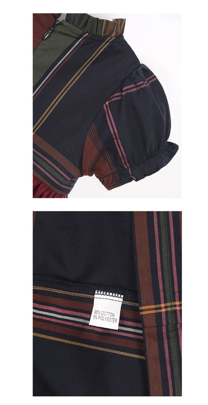 通気性のよいレトロチェックが上品な 女の子プリンセスワンピース ダークブルー コットン 80~120cm