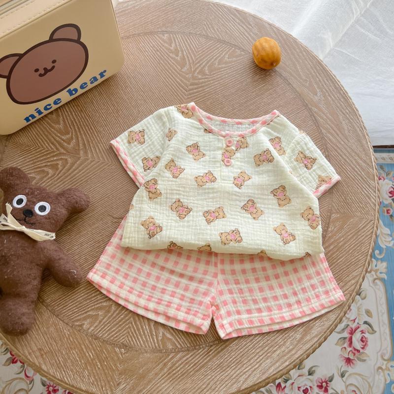 ふんわり薄手でおうち時間が心地よい 女の子半袖ルームウェア上下セット くま柄プリント コットン 73~120cm