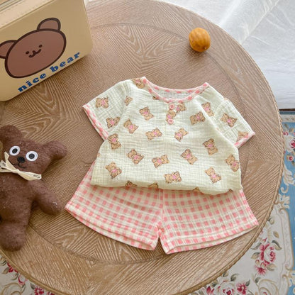 ふんわり薄手でおうち時間が心地よい 女の子半袖ルームウェア上下セット くま柄プリント コットン 73~120cm