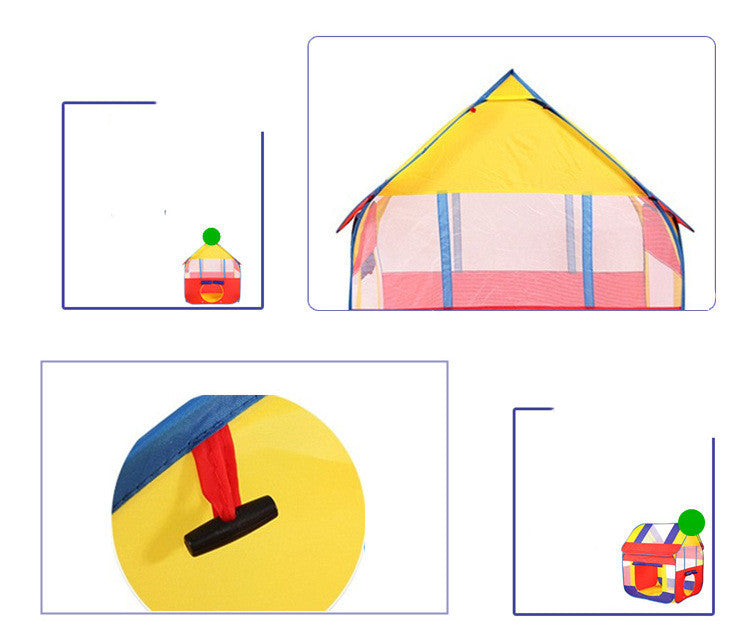 カラフルな子供用テントと収納バッグ・固定ストラップを紹介した説明用コラージュ画像
