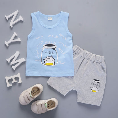 さらっと涼しく毎日が快適にきまる 子どもノースリーブ上下セット ミルクボトルカートゥーンプリント コットン薄手 ショートパンツ 80~110cm