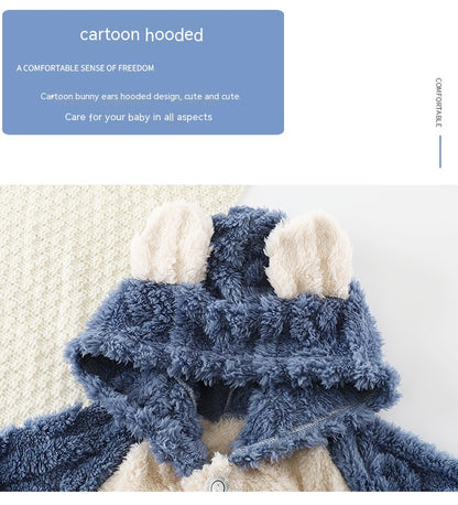 ぬくもりが続く 子どもフランネルフード付きパジャマ上下セット うさぎ耳カートゥーン ジャカード 90~160cm