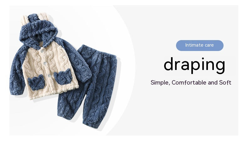 ぬくもりが続く 子どもフランネルフード付きパジャマ上下セット うさぎ耳カートゥーン ジャカード 90~160cm