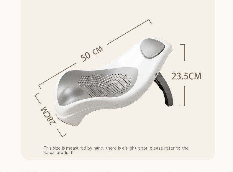 ベビーバスチェアの全体シルエットと長さ・高さ・幅の寸法をセンチ表記で示したサイズ説明図（ベビーバスチェア寸法ガイド）
