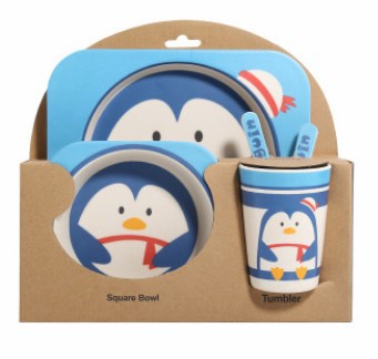 ペンギン柄 竹製ベビー食器5点セット スプーンフォーク付き（幼児食食器）
