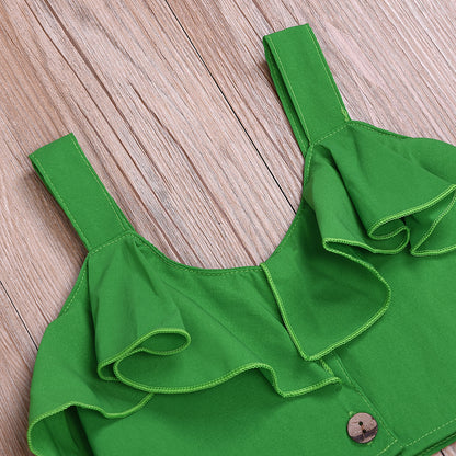 リゾート気分で軽やかにきまる 女の子ノースリーブフリルトップス＆花柄キュロットセット コットン95% グリーン 90~130cm