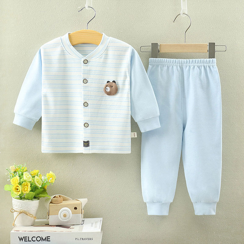 ブルーカラーのボーダートップスとロングパンツのベビーパジャマ
