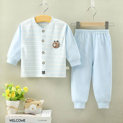 ブルーカラーのボーダートップスとロングパンツのベビーパジャマ
