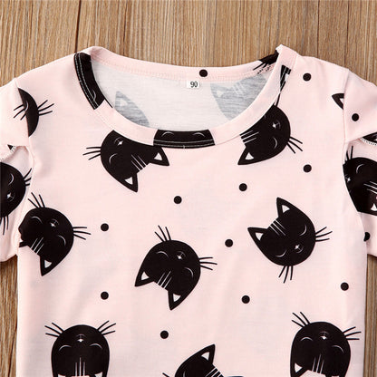 さらっと可愛くコーデが決まる 女の子半袖トップス＆ブルーAラインスカートセット 猫柄フリル袖 ファブリック素材 80~120cm