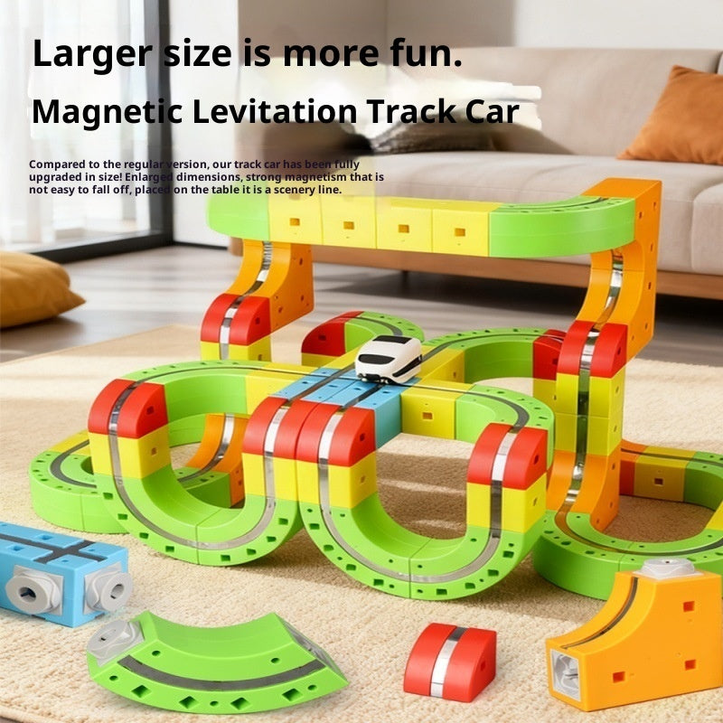 大型サイズのマグネットフォーストラックトレインがリビングの床の上に組み立てられている様子
