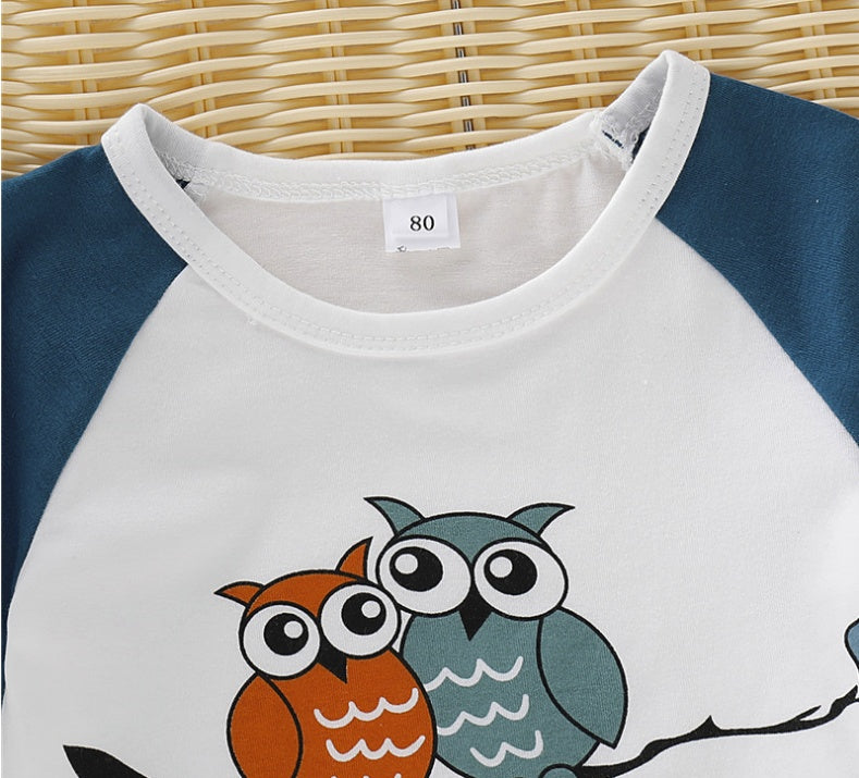 さらっと快適に動ける 子ども半袖Tシャツ＆ショートパンツ上下セット フクロウプリント コットン 80~120cm