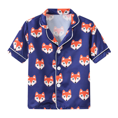 さらっと夏の寝汗も快適に過ごせる 子ども半袖パジャマ上下セット キツネ総柄デザイン 前開きシャツタイプ 90~130cm