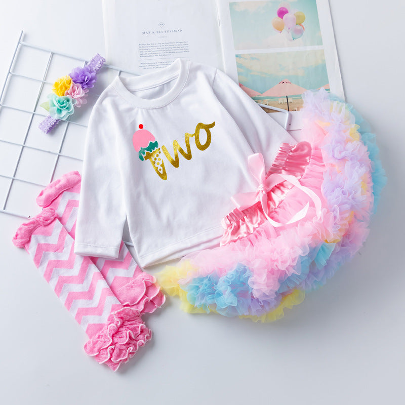 ふわふわチュールでプリンセス気分が高まる 女の子長袖トップス＆チュールスカート4点セット アイスモチーフプリント ナイロン混 80cm