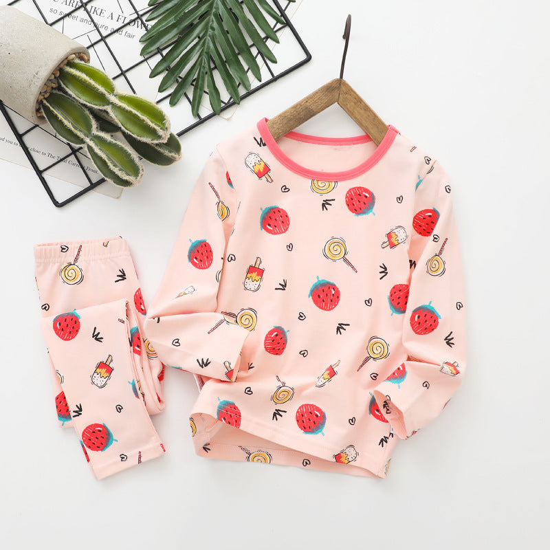 冷えやすい季節に心地よい 子ども長袖パジャマ上下セット 総柄プリント コットン95% ラウンドネック 110~160cm