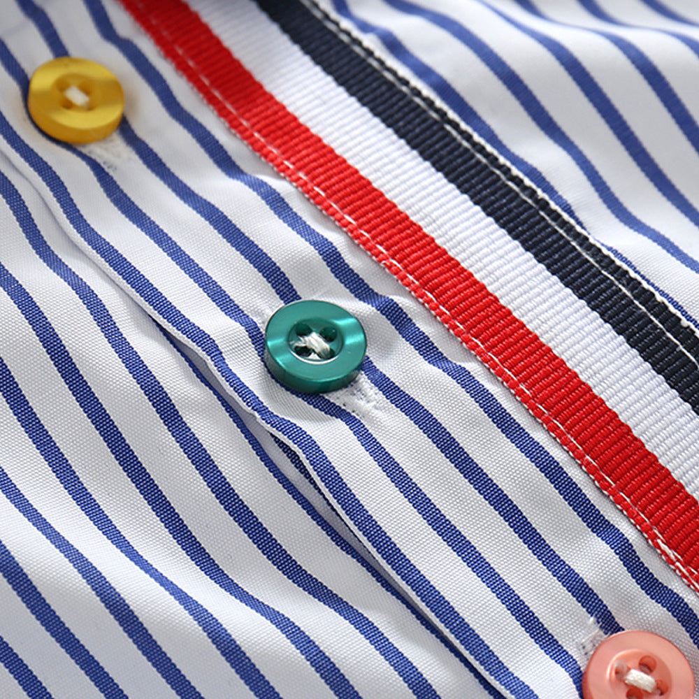 きちんと感でおでかけが映える 男の子襟付き半袖シャツ＆ホワイトショートパンツ上下セット ストライプ柄 コットン 90~130cm