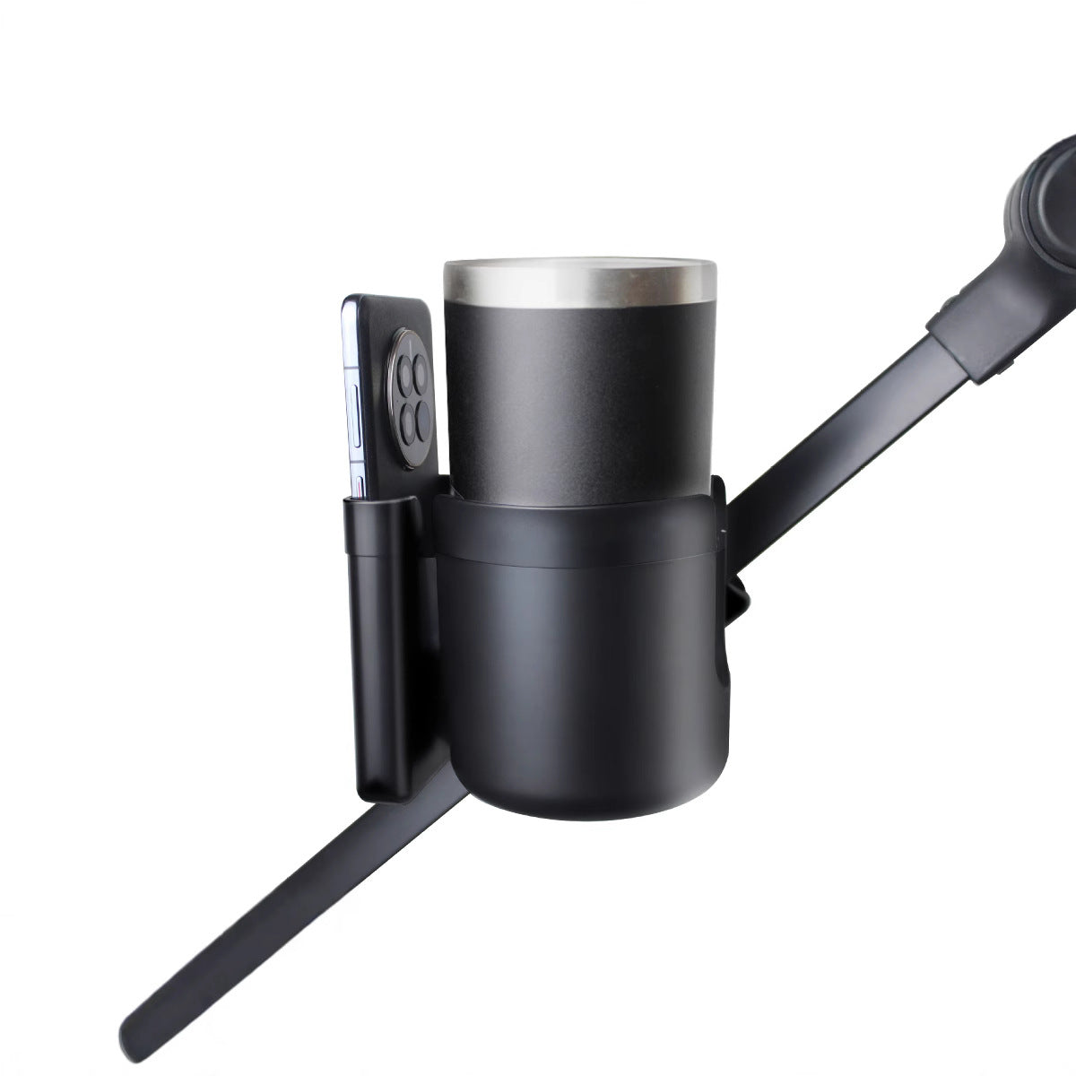 ベビーカーのハンドルに固定した装着状態の側面ビュー（ベビーカーカップホルダー）
