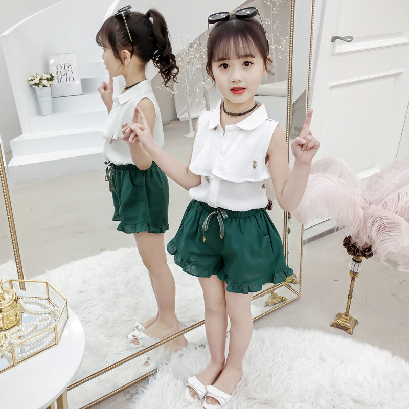 上品に可愛くまとまる 女の子ノースリーブ襟付きブラウス＆フリルショートパンツセット プリンセス風デザイン コットン80％ 110~120cm