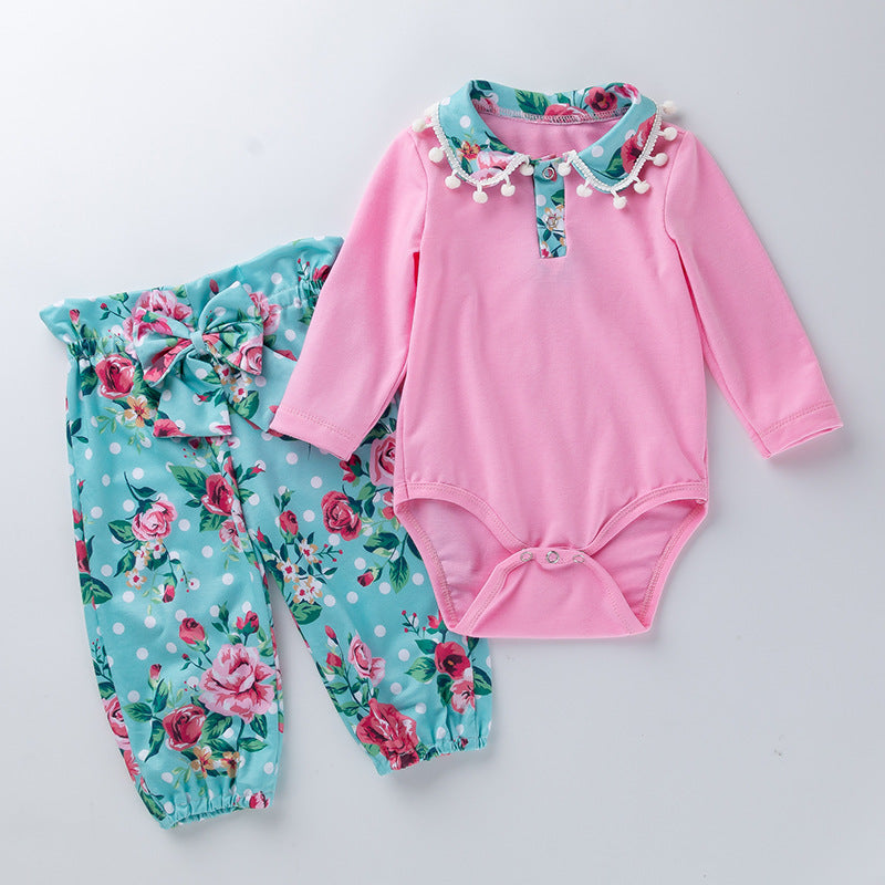 花柄リボンで写真映えする 女の子長袖ロンパース＆フローラルパンツ2点セット ピンク×グリーン コットン95% 59〜80cm