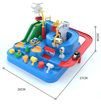 青いコンソールトラック台に赤いレールと各種レバーが付き 底面26cm×27cm 高さ20cmのサイズ表示が付いた全体イメージ
