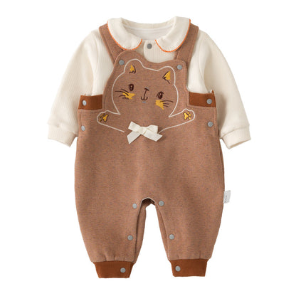 重ね着風でおめかしが叶う 女の子ビブサロペット上下セット ねこプリント 丸襟ロングスリーブ コットン95% 66~90cm