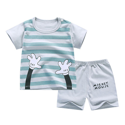 夏の通園おでかけが軽やかに決まる 男の子ベビー半袖セット ボーダーTシャツ＆ショートパンツ 手袋モチーフプリント コットン 70~110cm