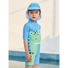 恐竜プリント 男の子ワンピース水着｜長袖カバータイプ・取り外し可能キャップ付き・酵素洗い加工・ブルー・100〜140cm
