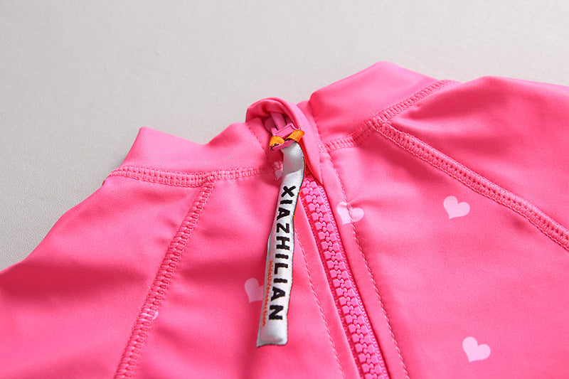 キッズ長袖ラッシュガード水着 ピンク・レッド 前開きファスナー 90・100・110・120・130cm ポリエステル100% サンスクリーンスイムウェア