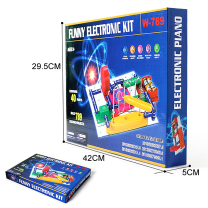 箱サイズの寸法が表示されたFUNNY ELECTRONIC KIT W-789DIY電子ブロックSTEM学習キットのパッケージ画像
