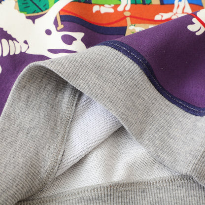 恐竜ミュージアム風プリントが映える 子ども長袖トレーナー クルーネック プルオーバー コットン×テリー素材 グレー 85〜130cm