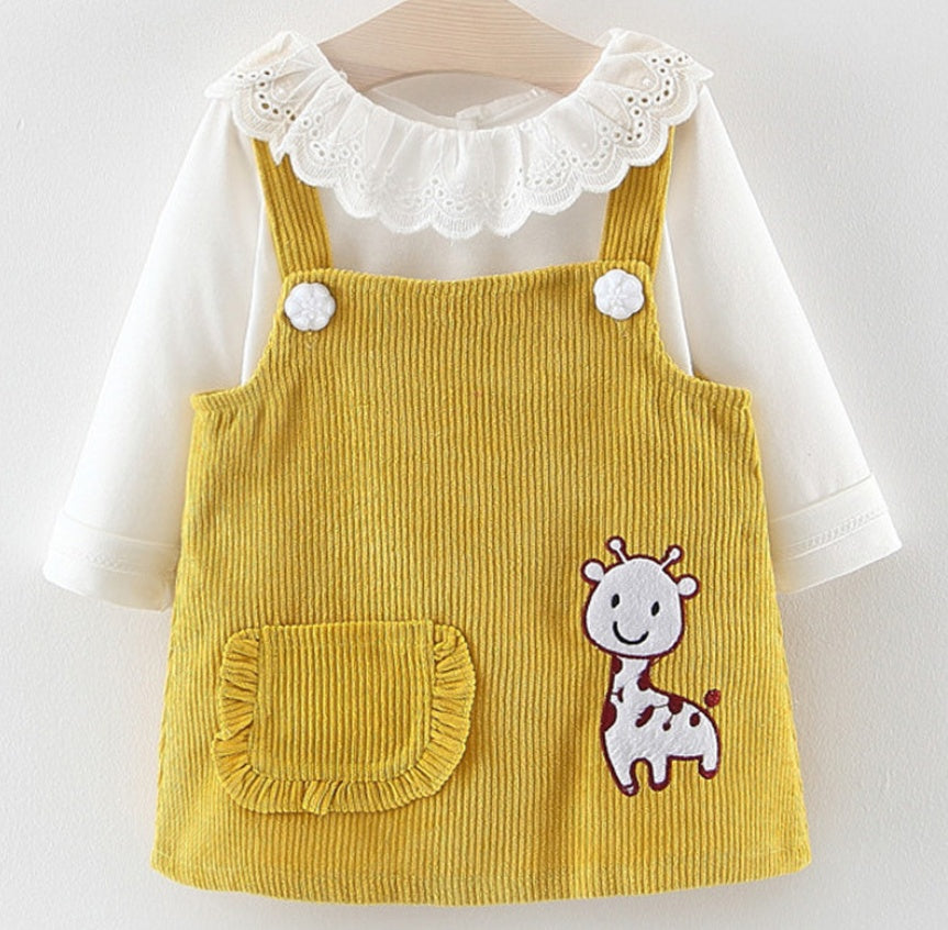 やさしく可憐に着映える 女の子ジャンパースカート上下セット きりん刺繍 レース襟トップス コットン 80~100cm