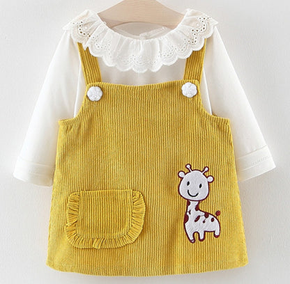 やさしく可憐に着映える 女の子ジャンパースカート上下セット きりん刺繍 レース襟トップス コットン 80~100cm