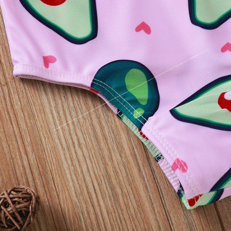 アボカド柄 ピンク キッズワンピース水着｜フラワーネックデザイン・80〜120cm