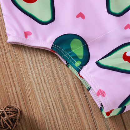 アボカド柄 ピンク キッズワンピース水着｜フラワーネックデザイン・80〜120cm