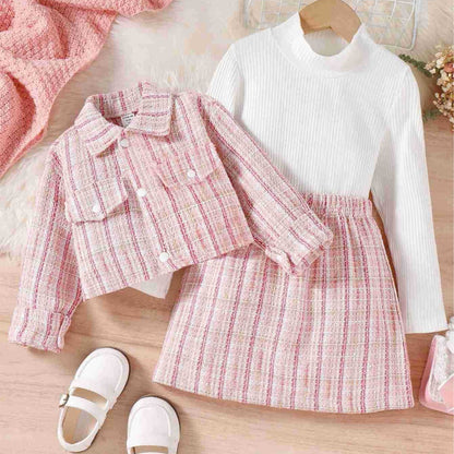 きちんと上品に写真映えする 女の子チェック柄ジャケット×タートルネック×スカート3点セット コットン ピンク・ブルー 4〜7歳