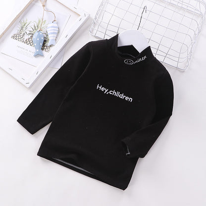 ハイネックデザインの子ども用長袖Tシャツを並べたカラーバリエーション
