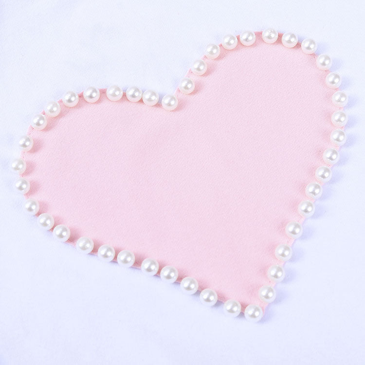 夏の可憐コーデが完成する 女の子半袖Tシャツ＆リボン付きスカートセット パール風ハートデザイン コットン（95%） 90〜120cm