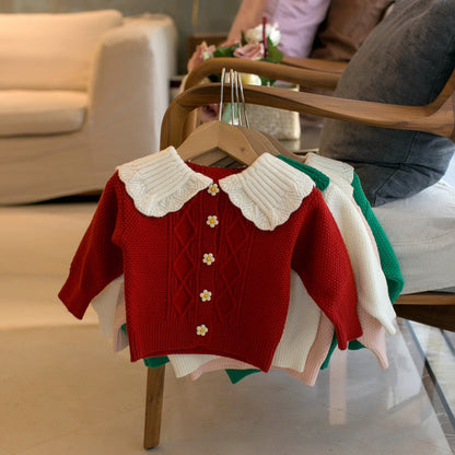 花刺繍付き襟デザインベビーカーディガン レッドカラー
