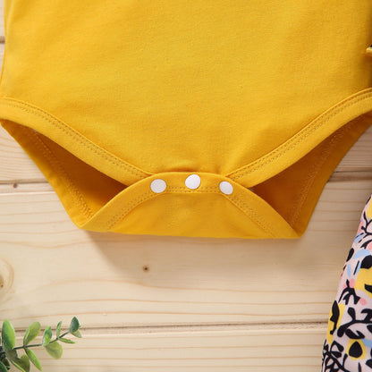 ベビー女の子 半袖ロンパース＆花柄サスペンダーパンツ 3点セット（ヘアバンド付き）リボンデザイン 70〜100cm