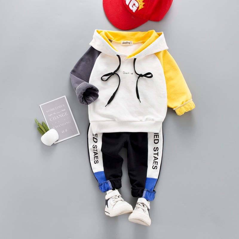 元気に動けてコーデが即完成 子どもフードパーカー＆ジョガーパンツ上下セット 配色デザイン コットン×スパンデックス 80〜110cm